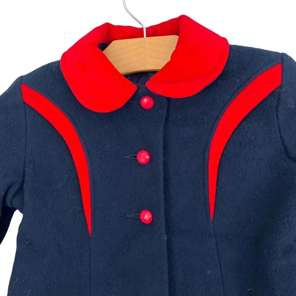 Vtg Rothschild Pea Coat Jacket Wool Navy Blue Red Button Front Union Made Sz S